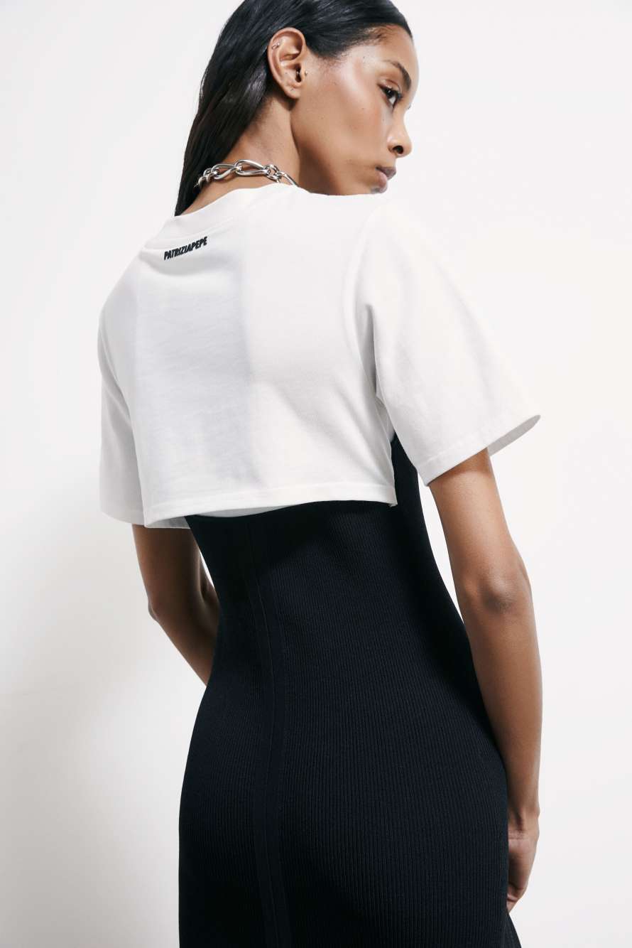 Облегающее миди-платье в резинку с футболкой, Белый/Чёрный, Patrizia Pepe