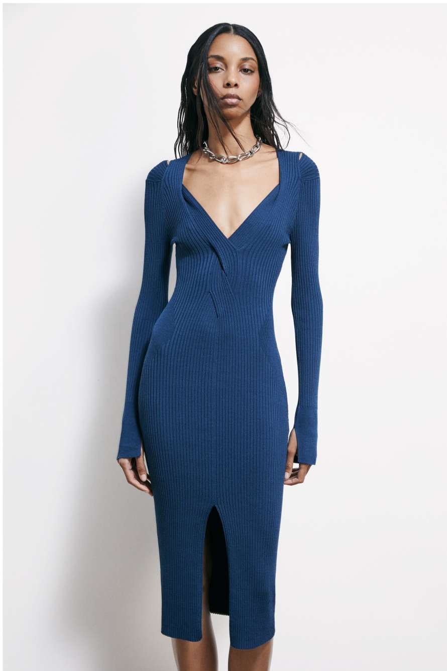 Midi knit dress with crossover, Blue, Patrizia Pepe