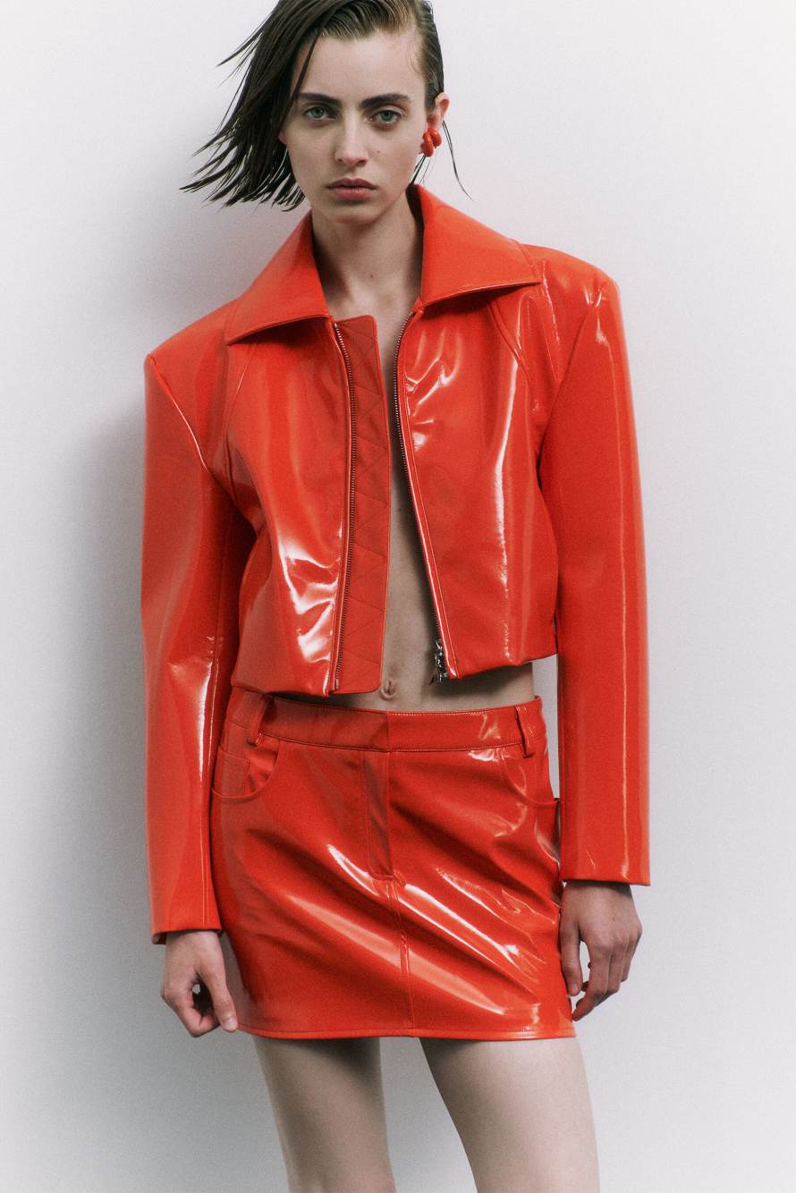 Glossy cropped biker jacket, Orange, Patrizia Pepe
