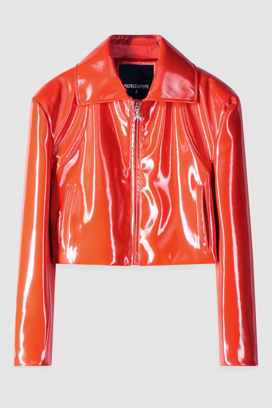 Glossy cropped biker jacket, Orange, Patrizia Pepe