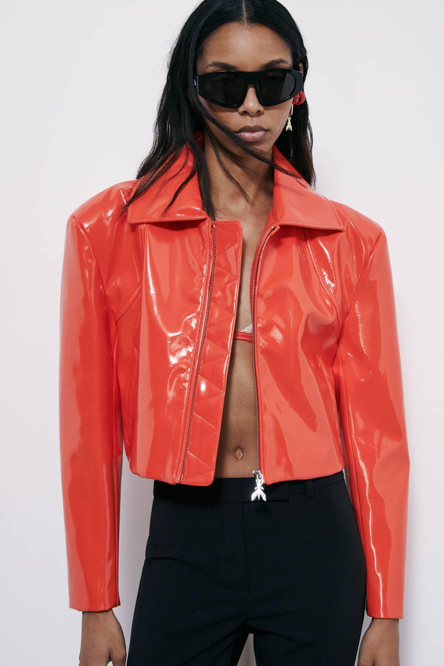 Glossy cropped biker jacket, Orange, Patrizia Pepe