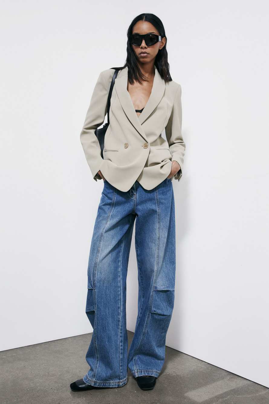 Двубортный блейзер из структурного твила, Бежевый, Patrizia Pepe