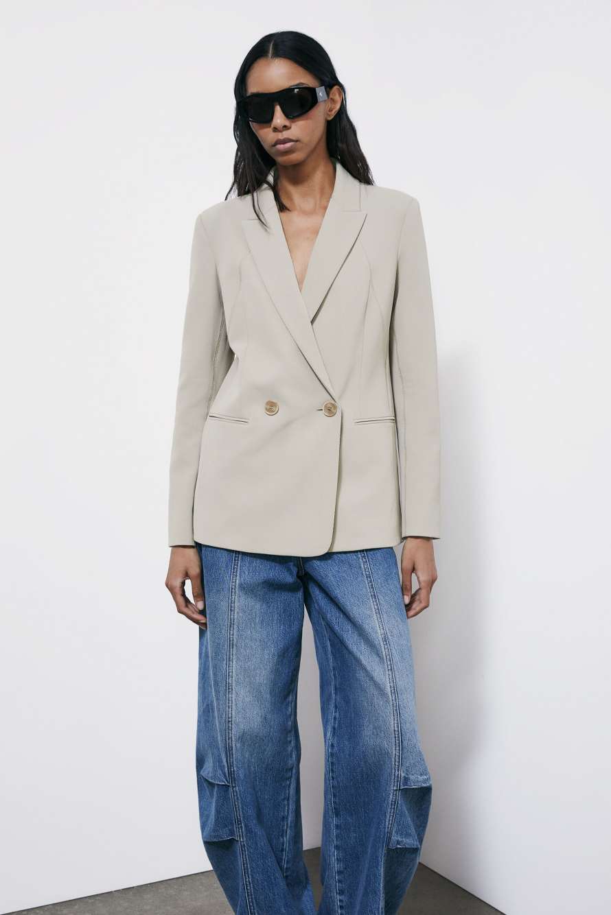 Двубортный блейзер из структурного твила, Бежевый, Patrizia Pepe