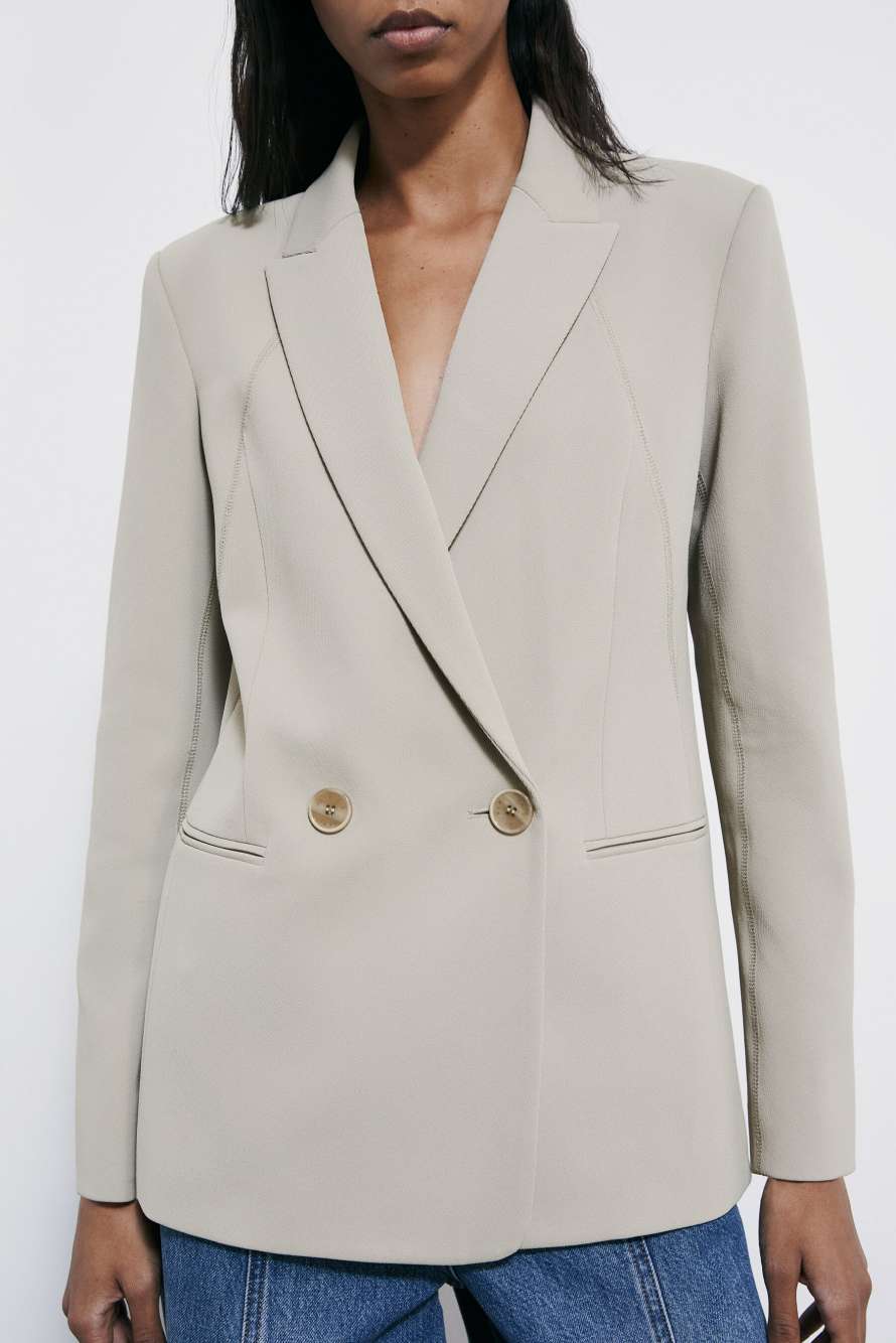 Двубортный блейзер из структурного твила, Бежевый, Patrizia Pepe