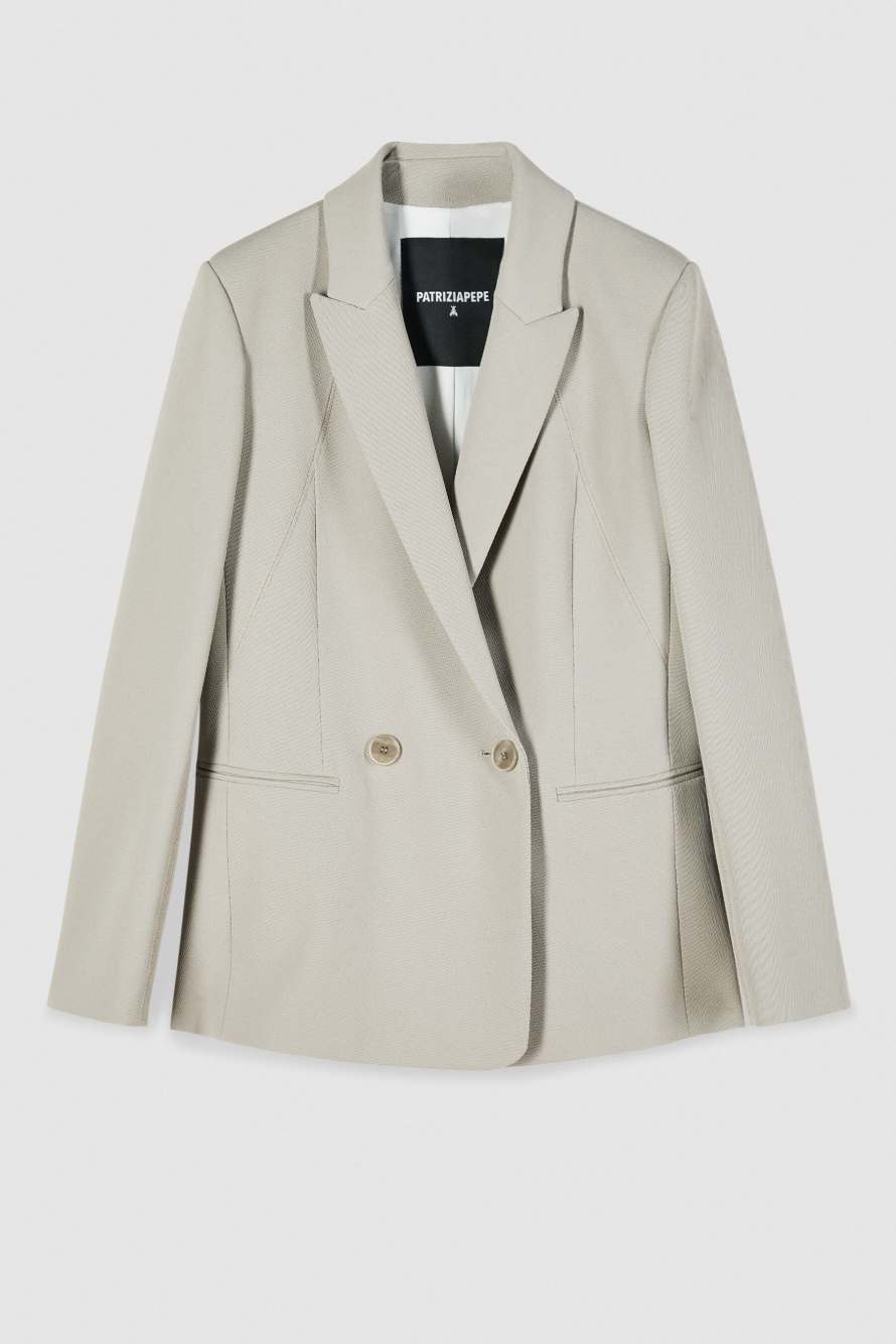 Двубортный блейзер из структурного твила, Бежевый, Patrizia Pepe