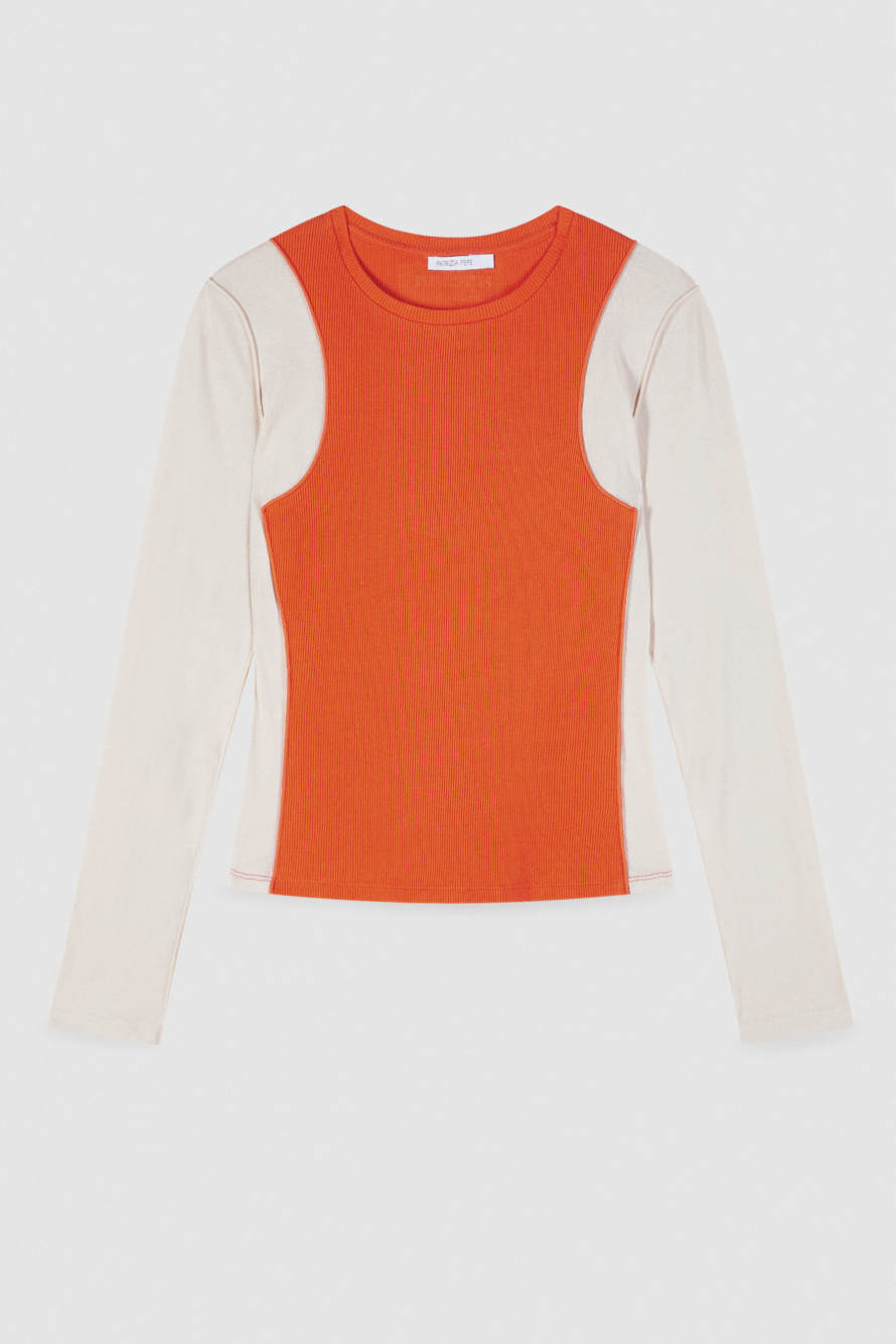 Maglia color block in costina, Warm Ivory/Arrancione, Patrizia Pepe