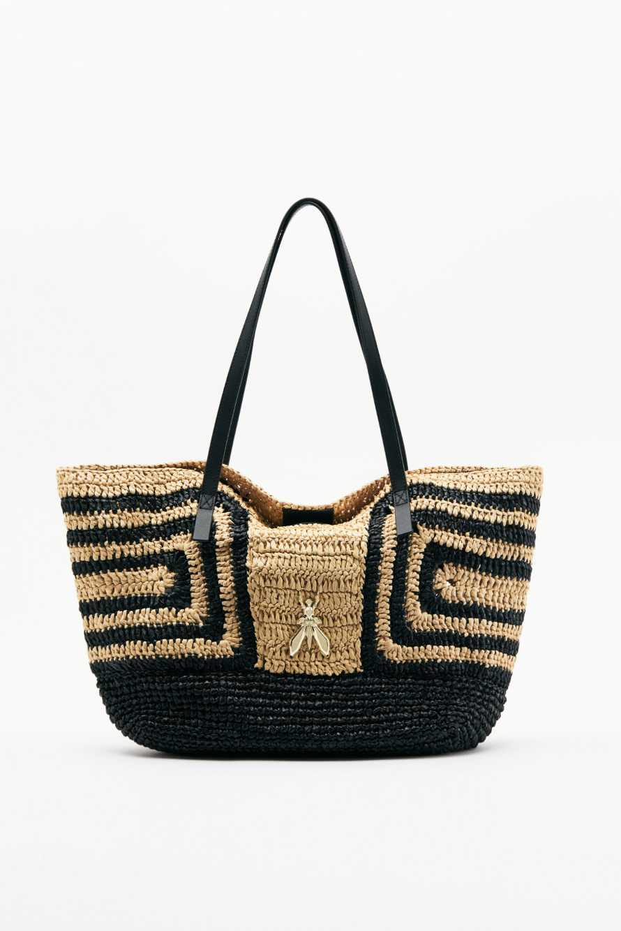 Never Complete raffia shopping bag, Black/Natural, Patrizia Pepe