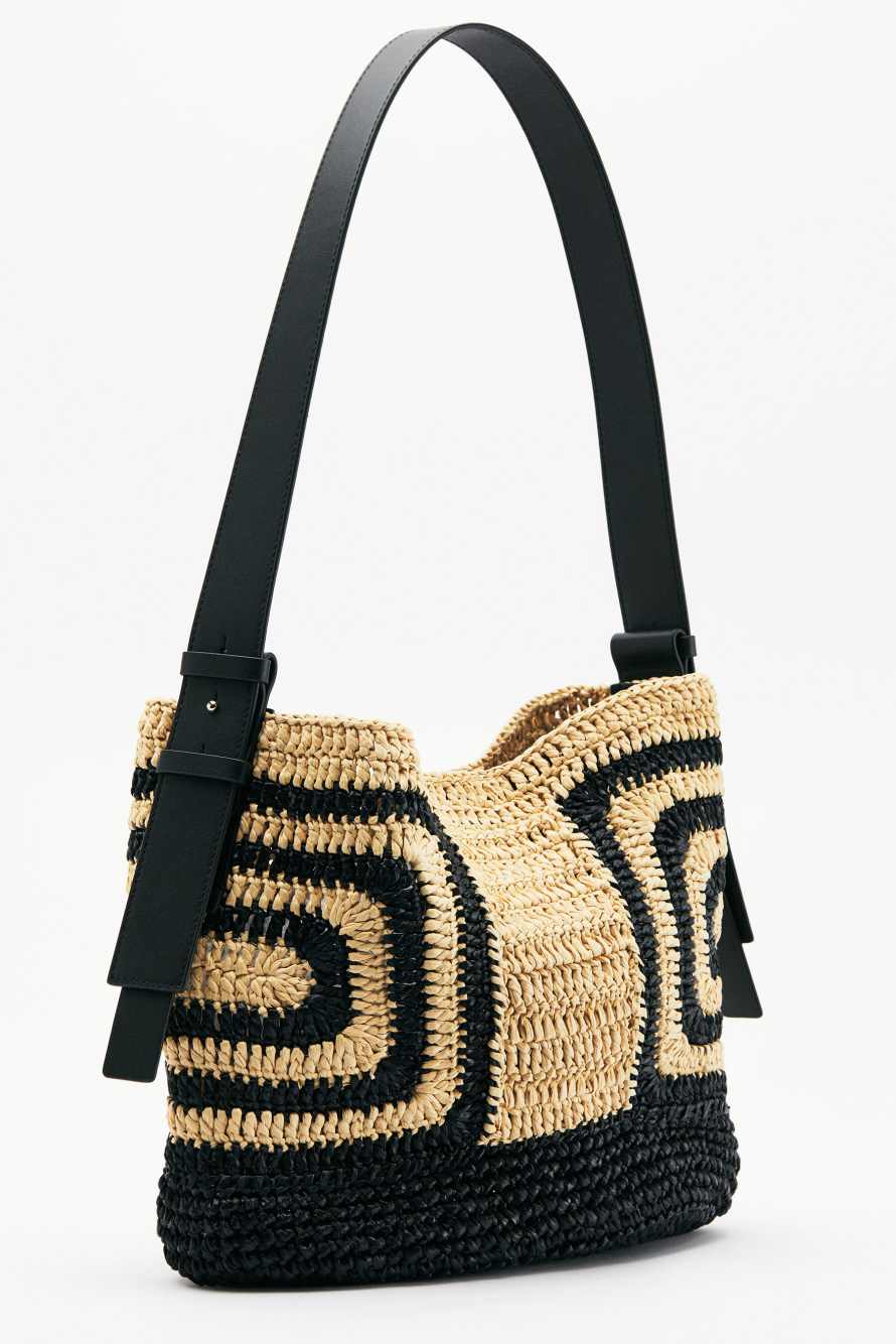Never Complete raffia bucket bag, Black/Natural, Patrizia Pepe