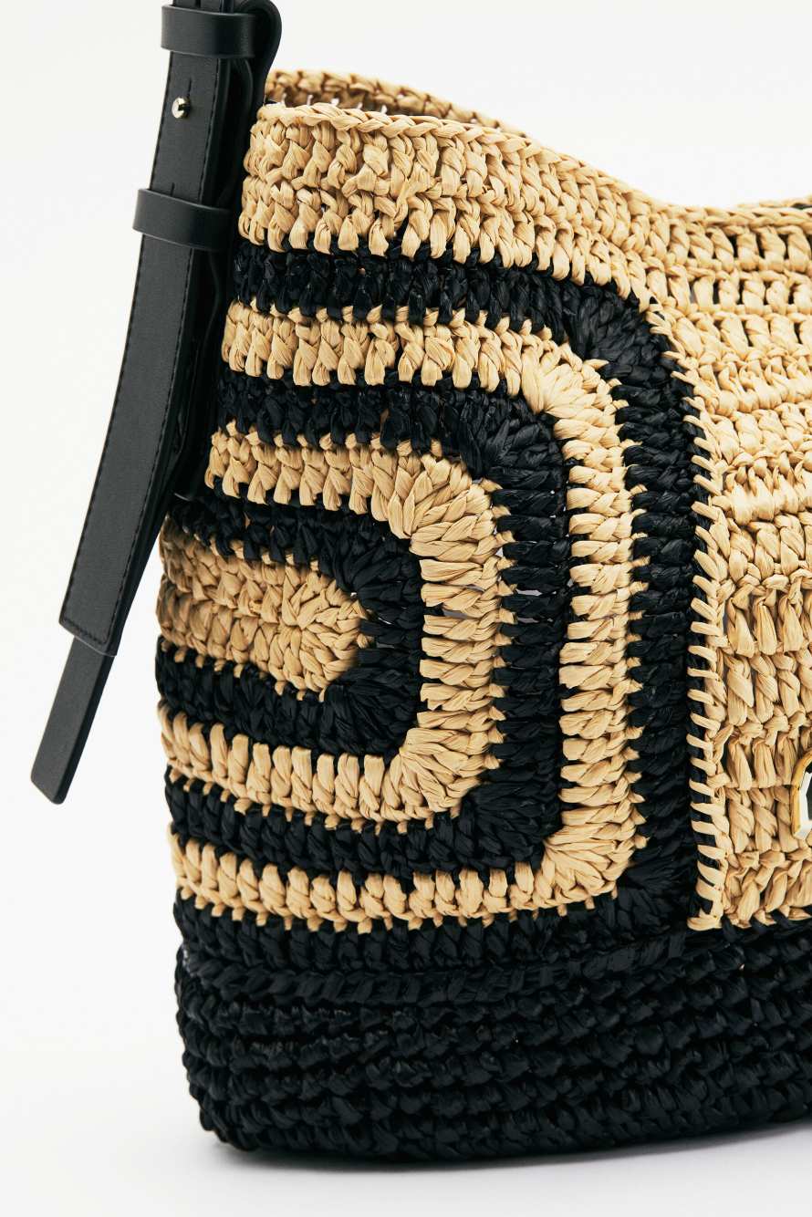Never Complete raffia bucket bag, Black/Natural, Patrizia Pepe