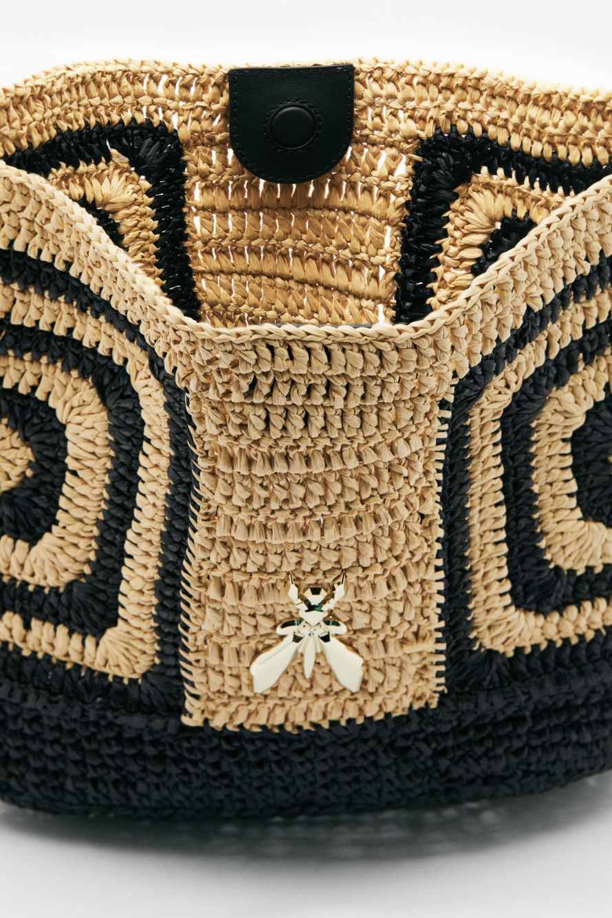 Never Complete raffia bucket bag, Black/Natural, Patrizia Pepe