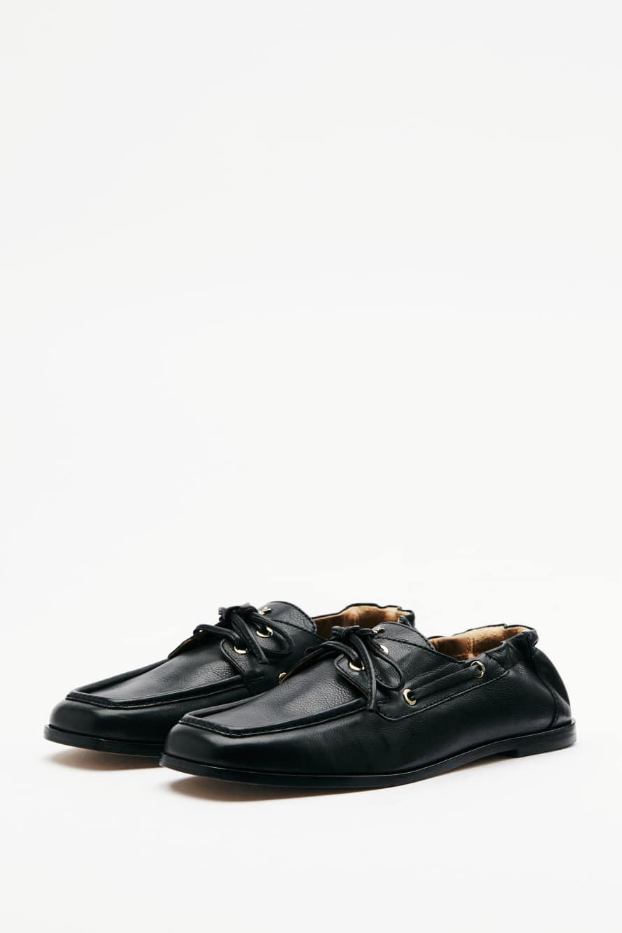 Soft Square leather loafers with laces, Black, Patrizia Pepe