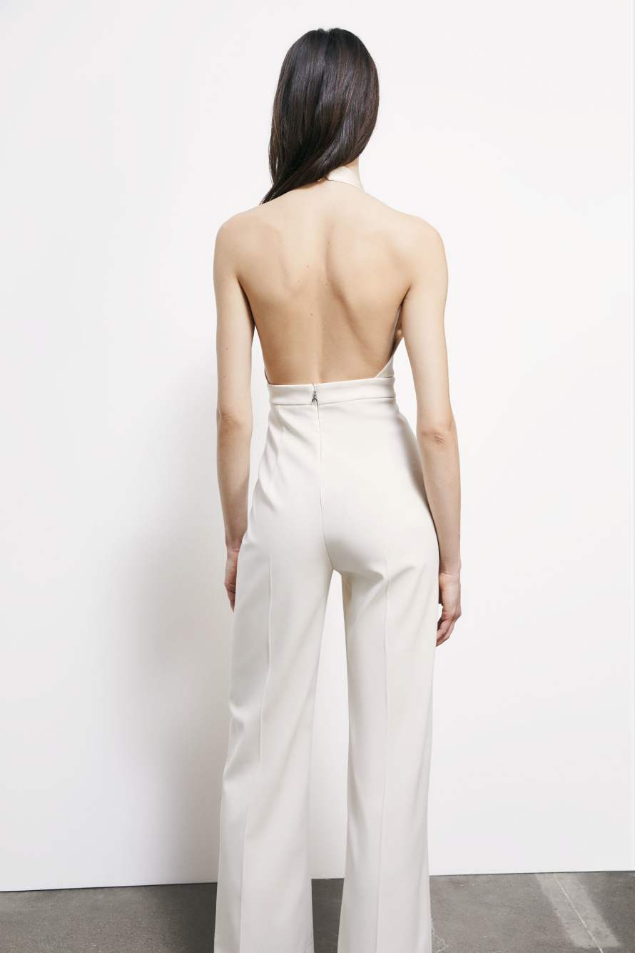 Fluid crepe jumpsuit with deep neckline, White, Patrizia Pepe