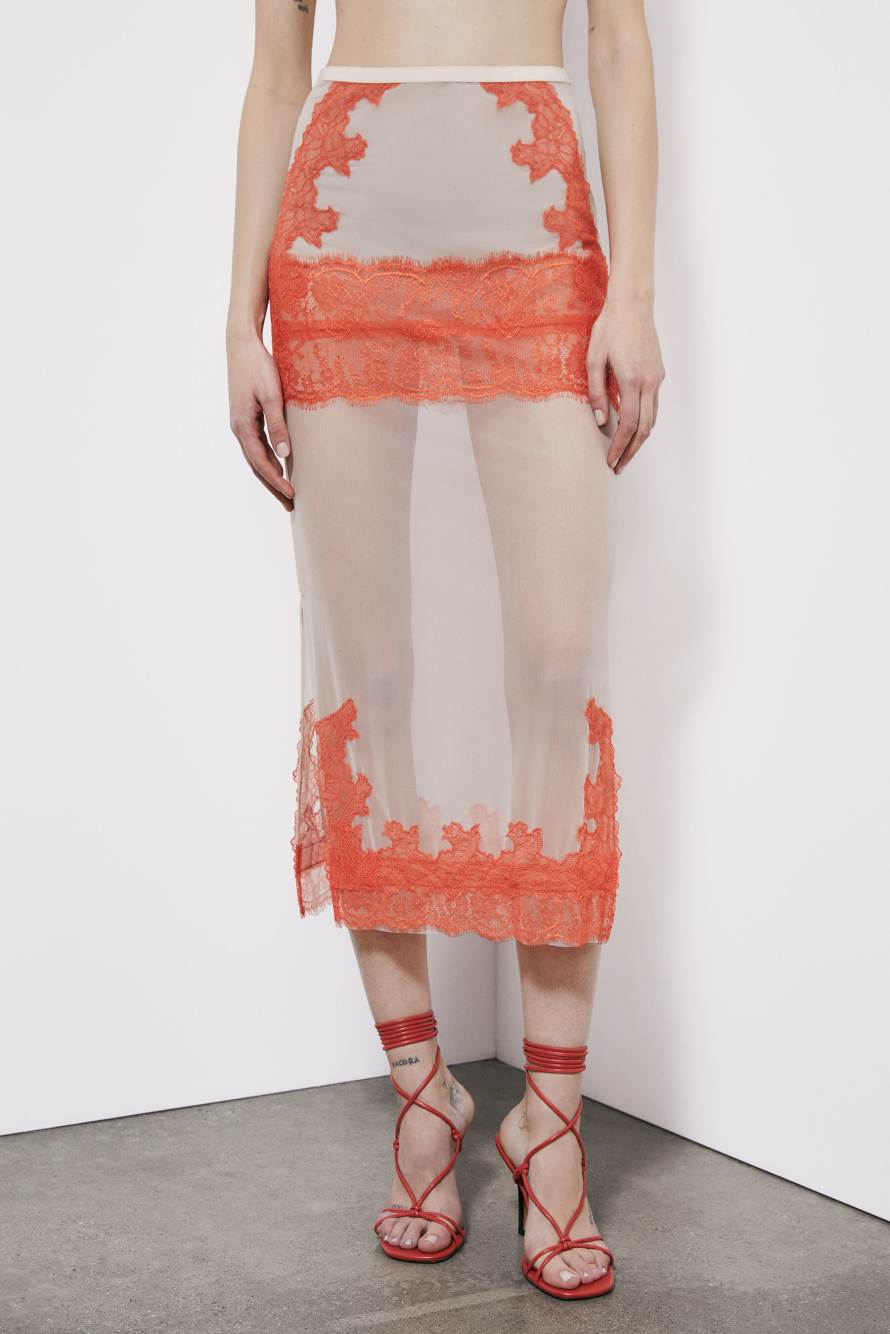 Tulle midi skirt with lace details, Beige/Orange, Patrizia Pepe
