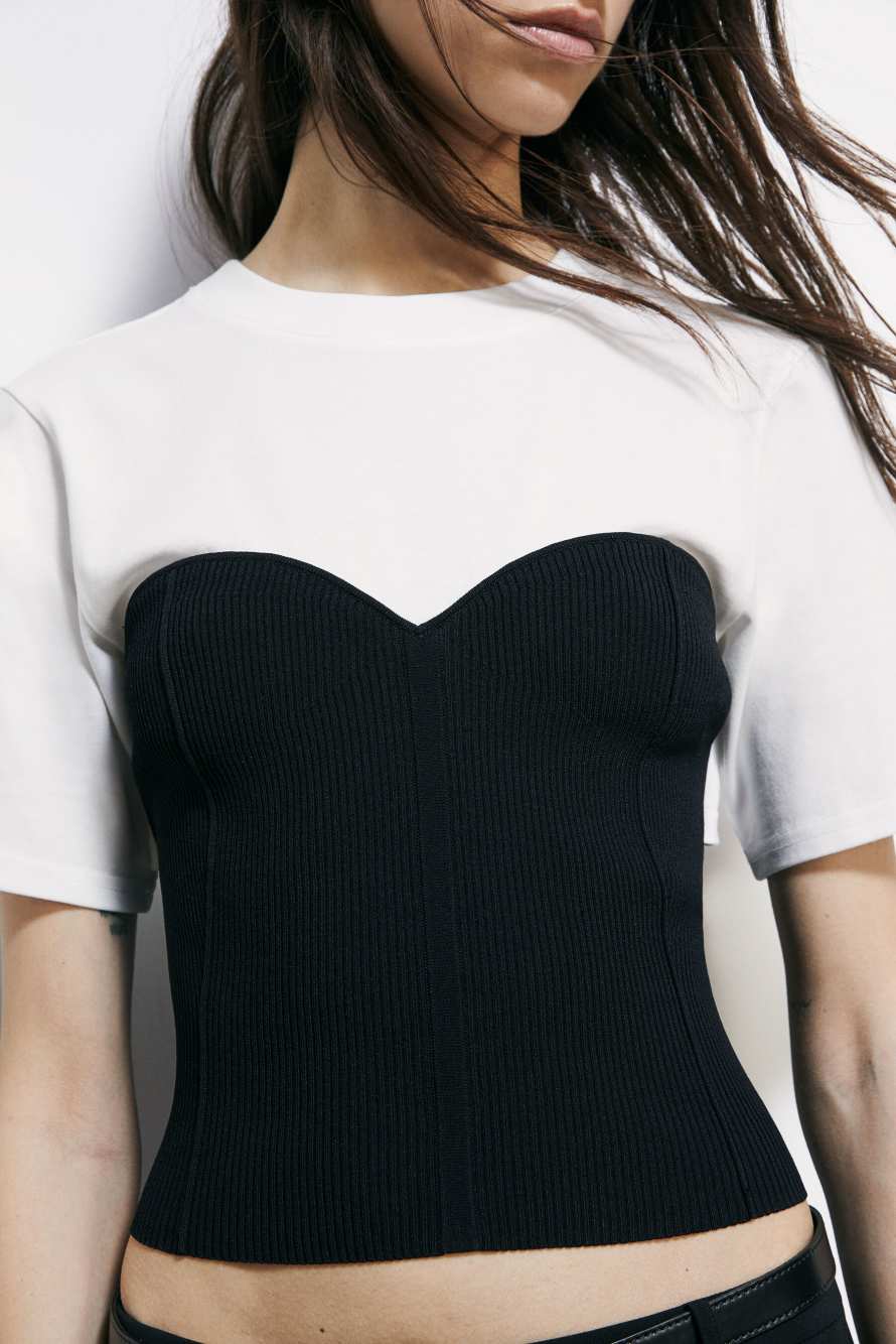 Футболка с бюстье из трикотажа, Белый/Чёрный, Patrizia Pepe