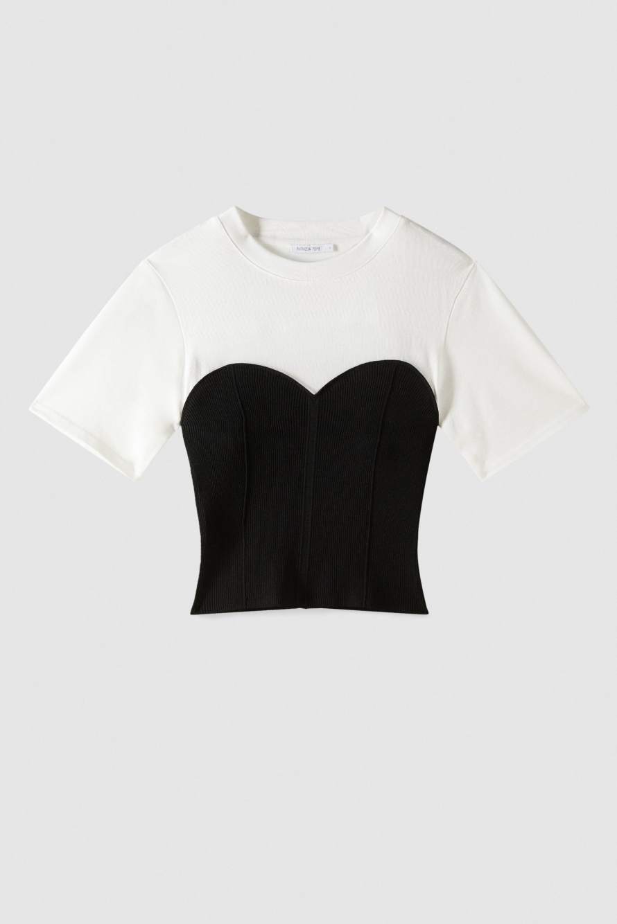 Футболка с бюстье из трикотажа, Белый/Чёрный, Patrizia Pepe