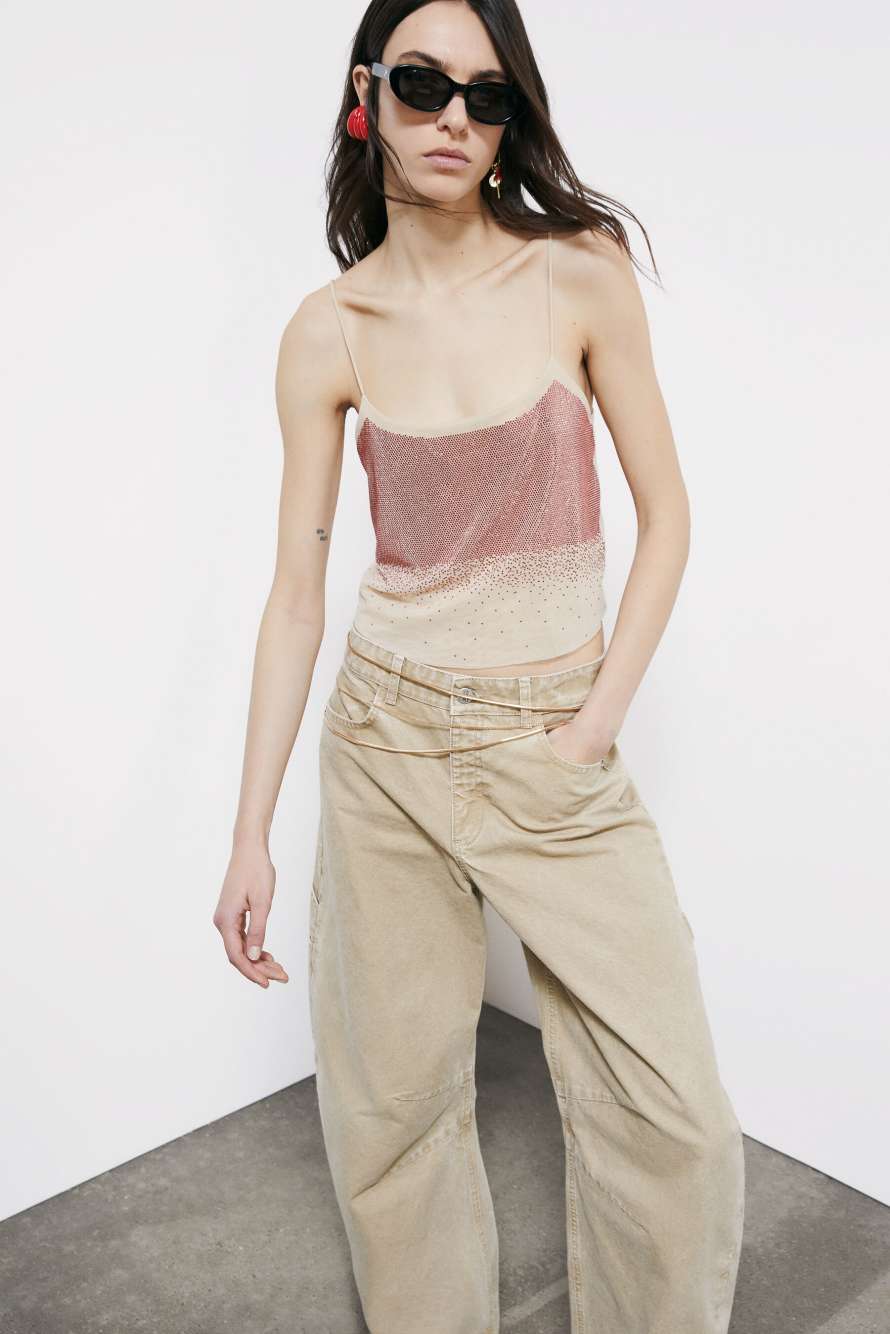 Tulle top with rhinestones, Beige, Patrizia Pepe