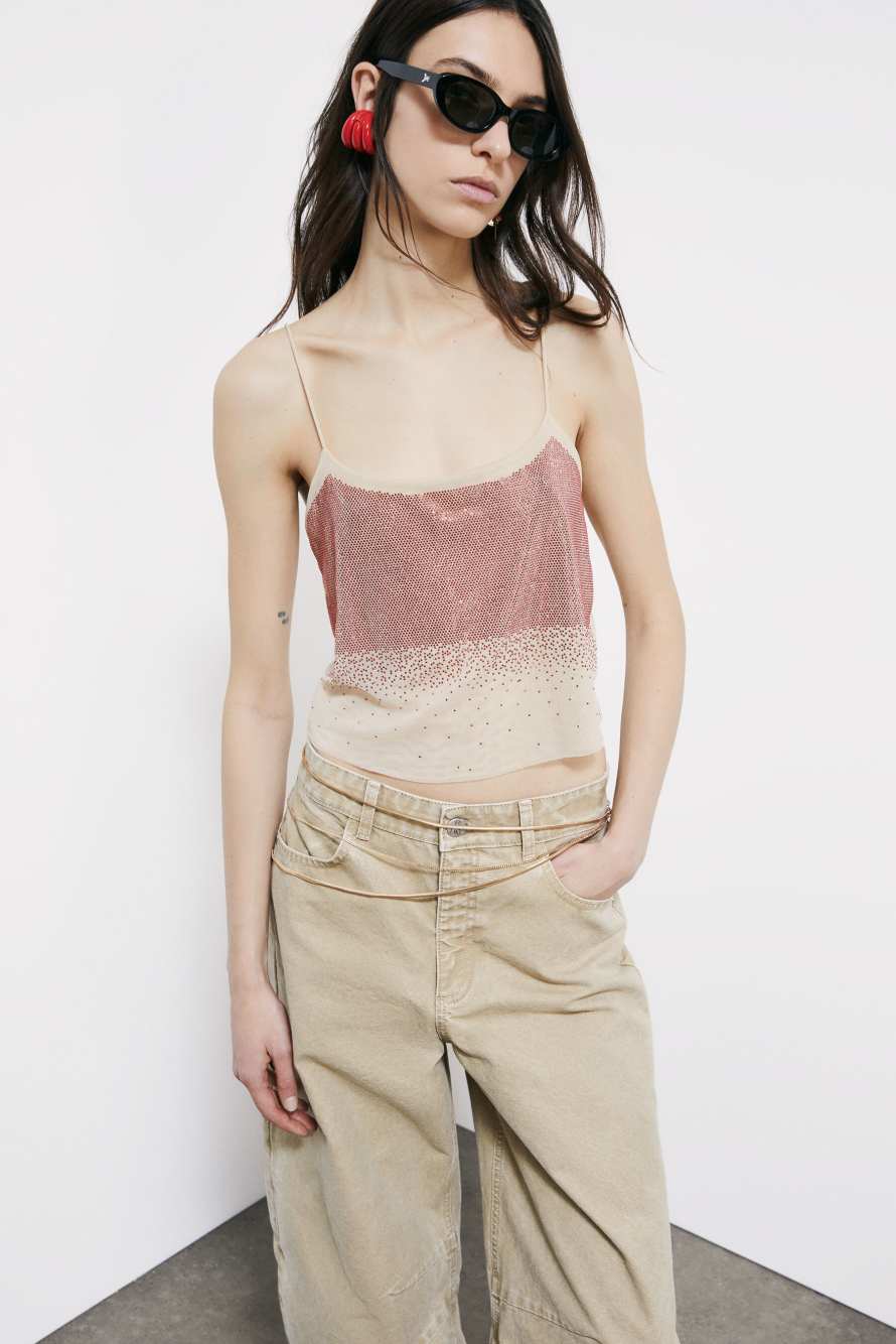 Tulle top with rhinestones, Beige, Patrizia Pepe
