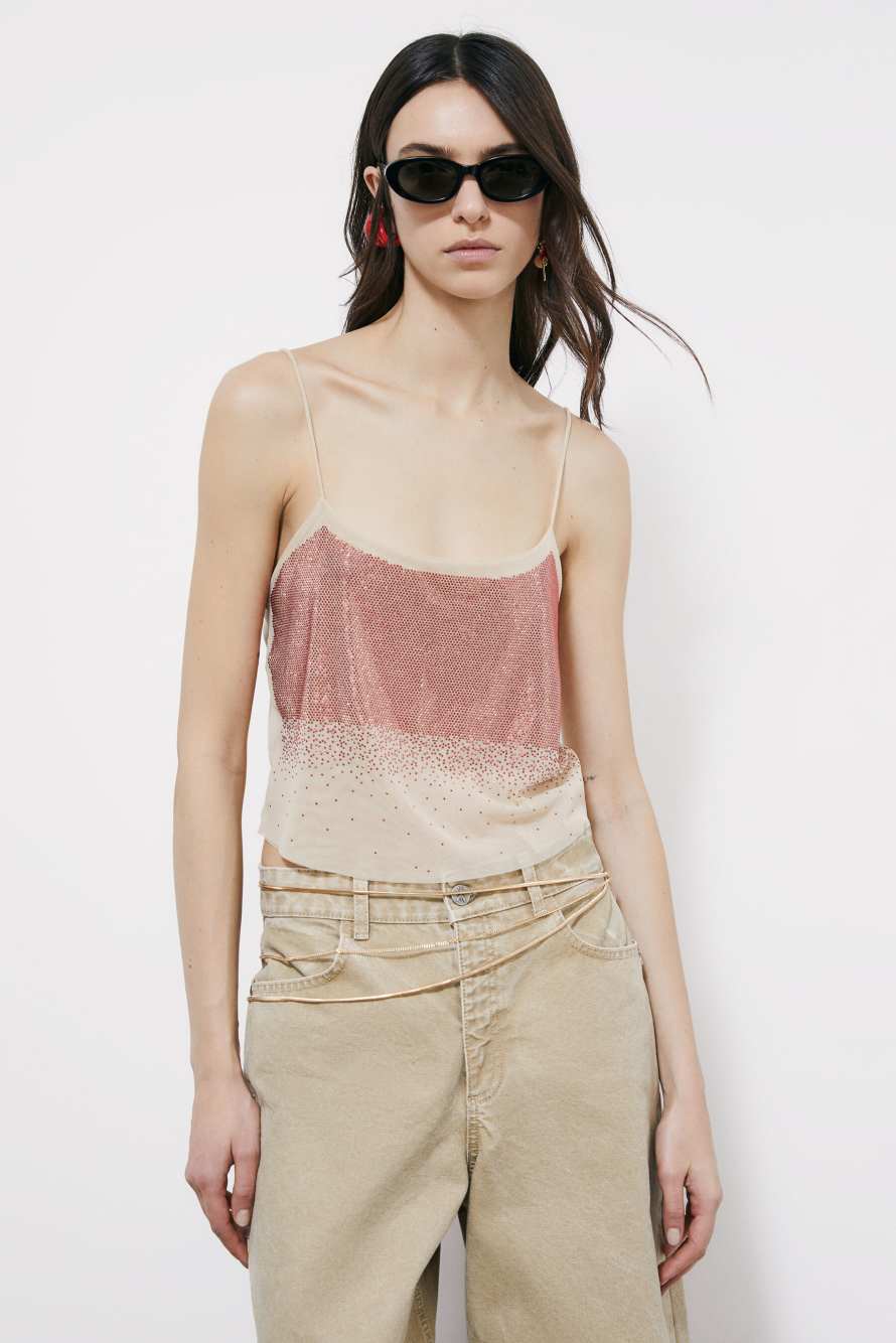 Tulle top with rhinestones, Beige, Patrizia Pepe