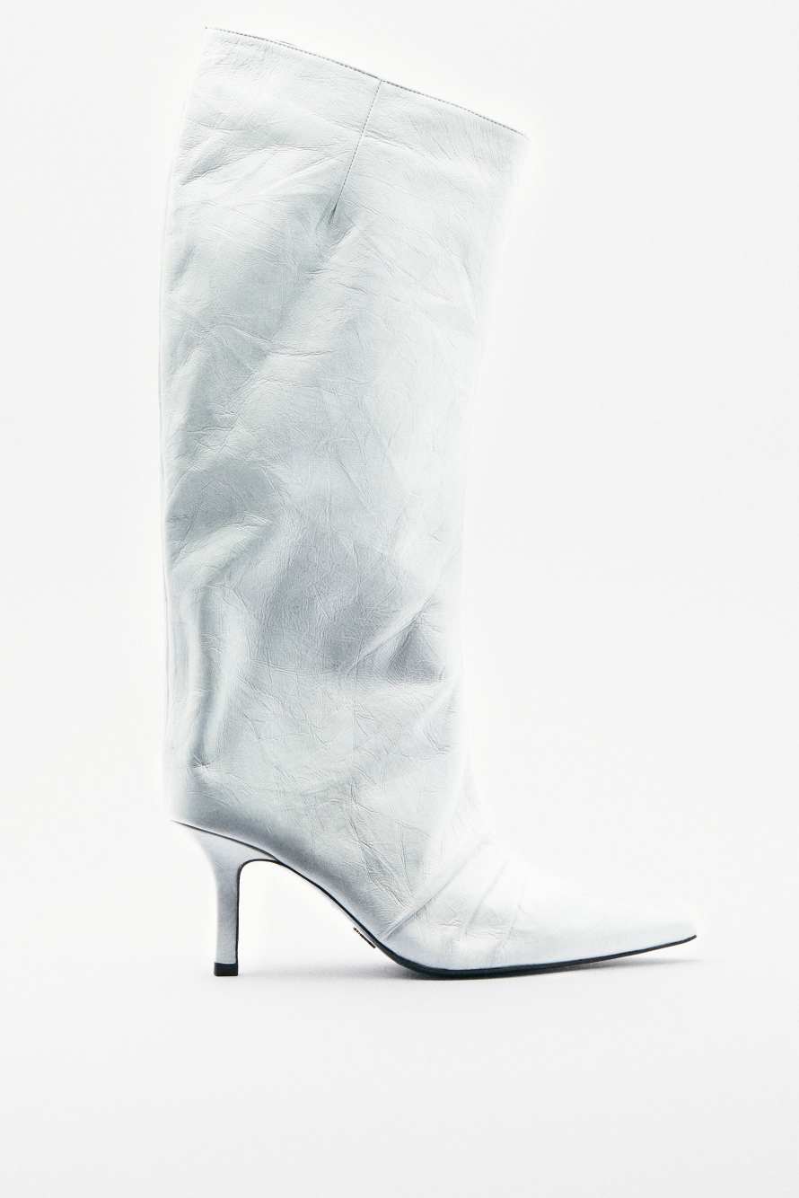 New Minimal Shape leather crinkle boots with heel, White, Patrizia Pepe
