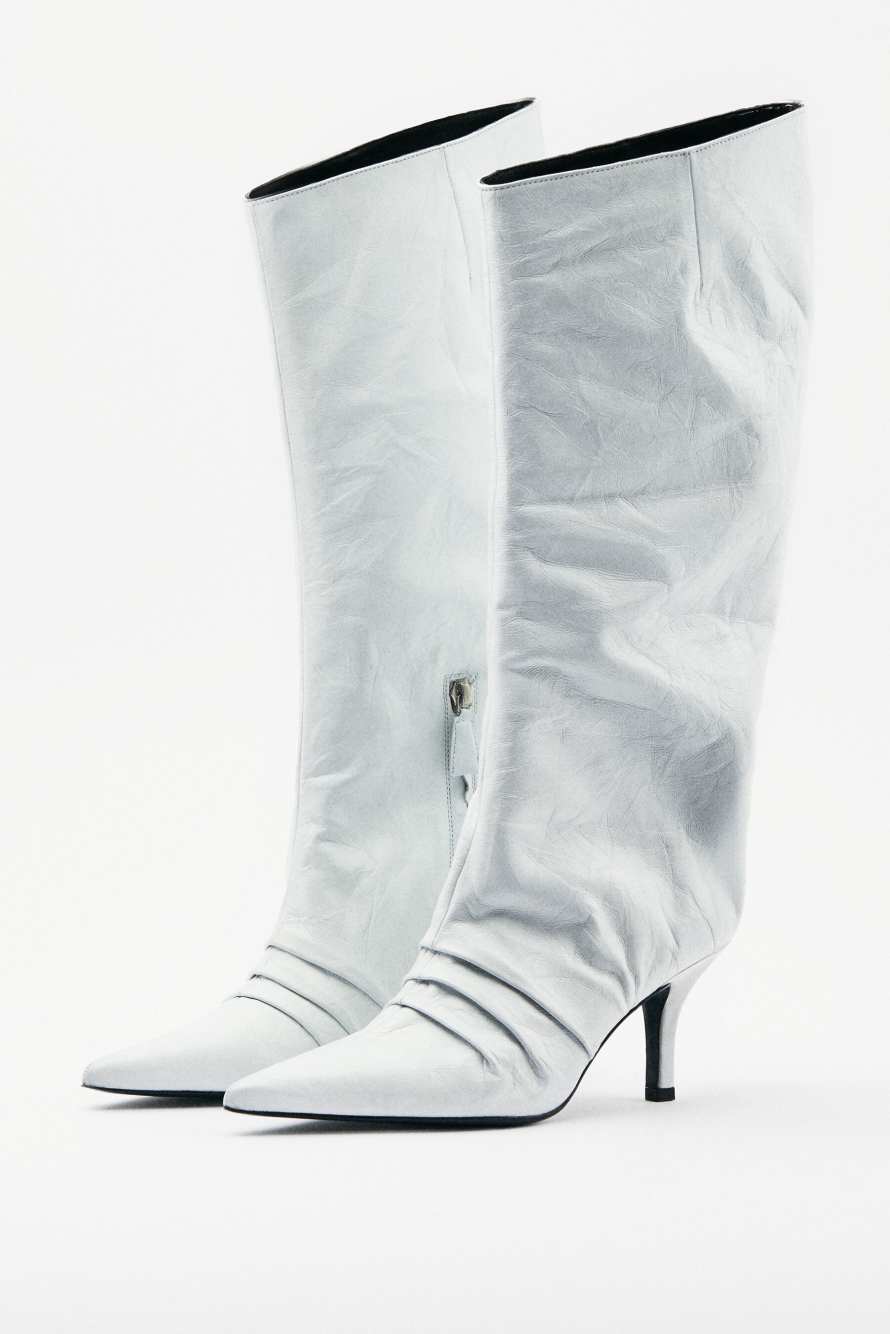 New Minimal Shape leather crinkle boots with heel, White, Patrizia Pepe