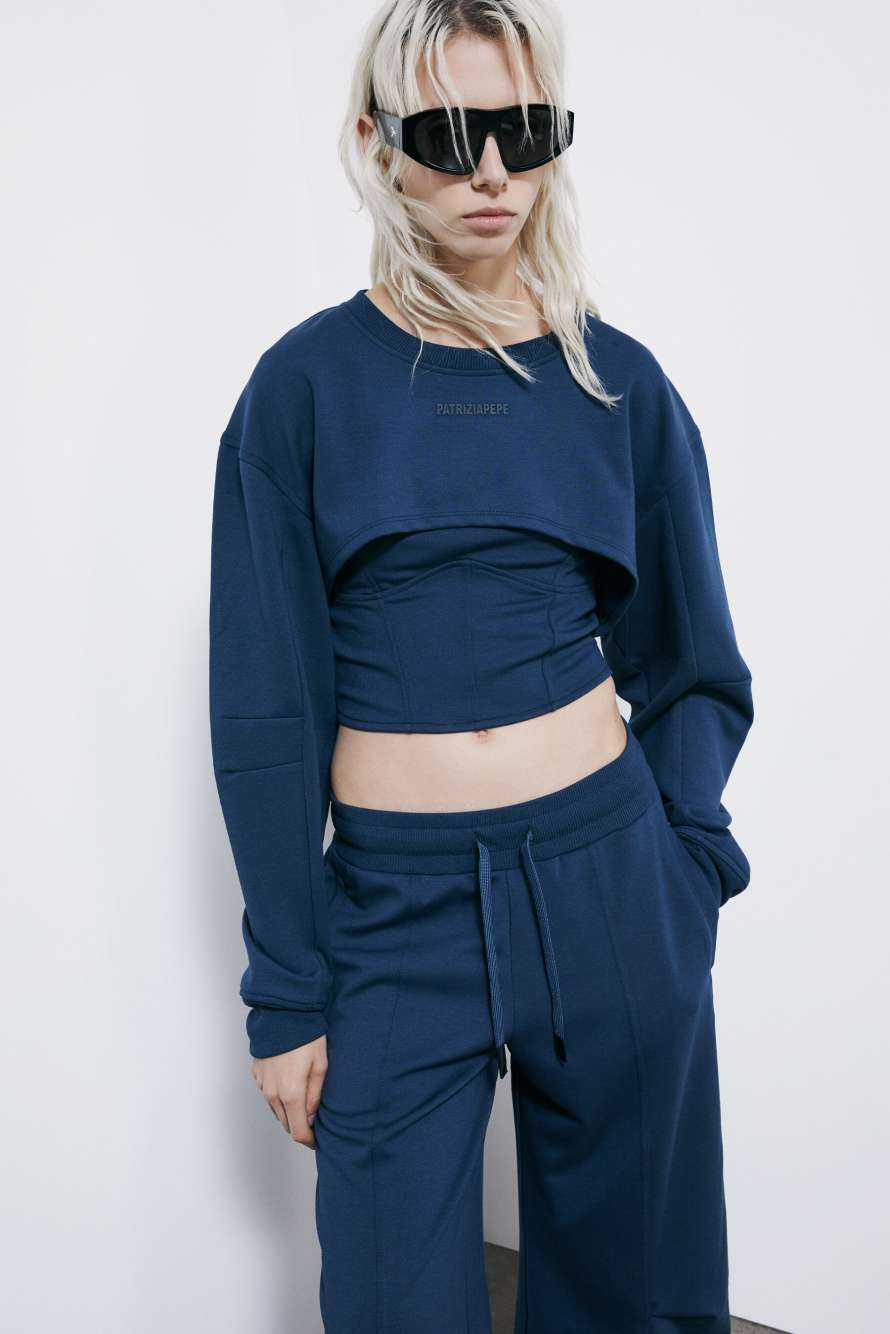 Double layer cropped bustier sweatshirt, Blue, Patrizia Pepe