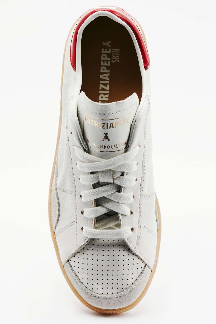 SKIN nappa leather sneakers with glossy details, White/Red, Patrizia Pepe