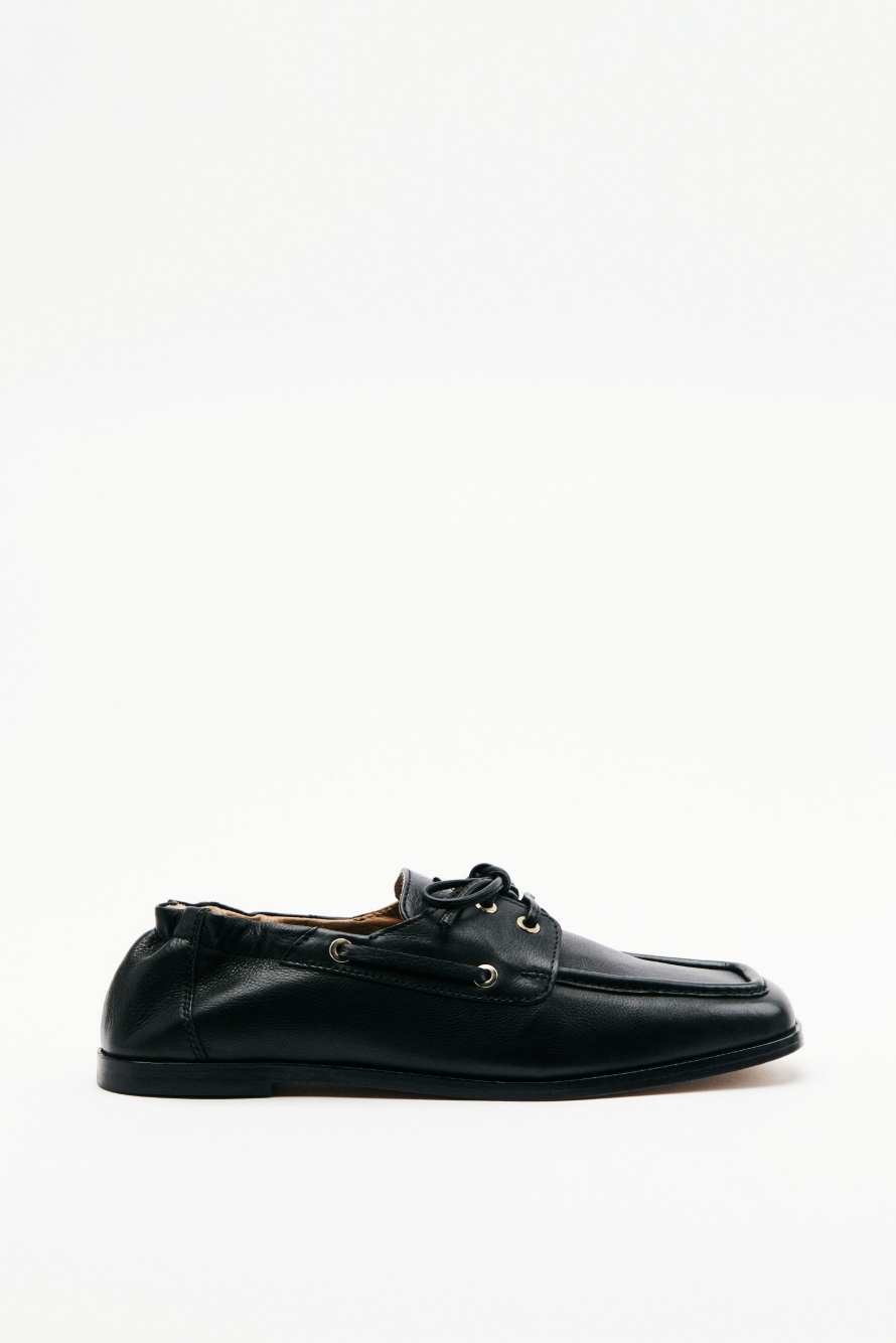 Soft Square leather loafers with laces, Black, Patrizia Pepe