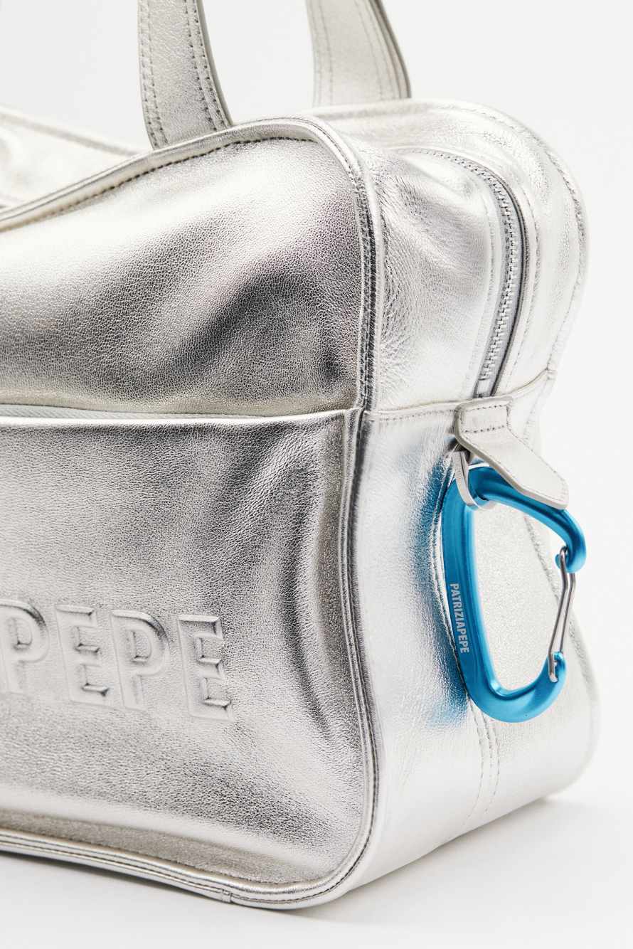 (IM)PERFECTION shopping bag in laminated leather, Silver, Patrizia Pepe