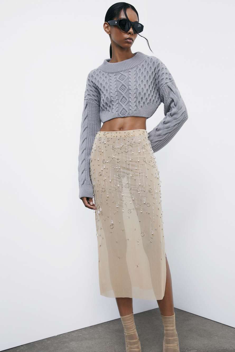 Tulle jeweled midiskirt, Beige, Patrizia Pepe