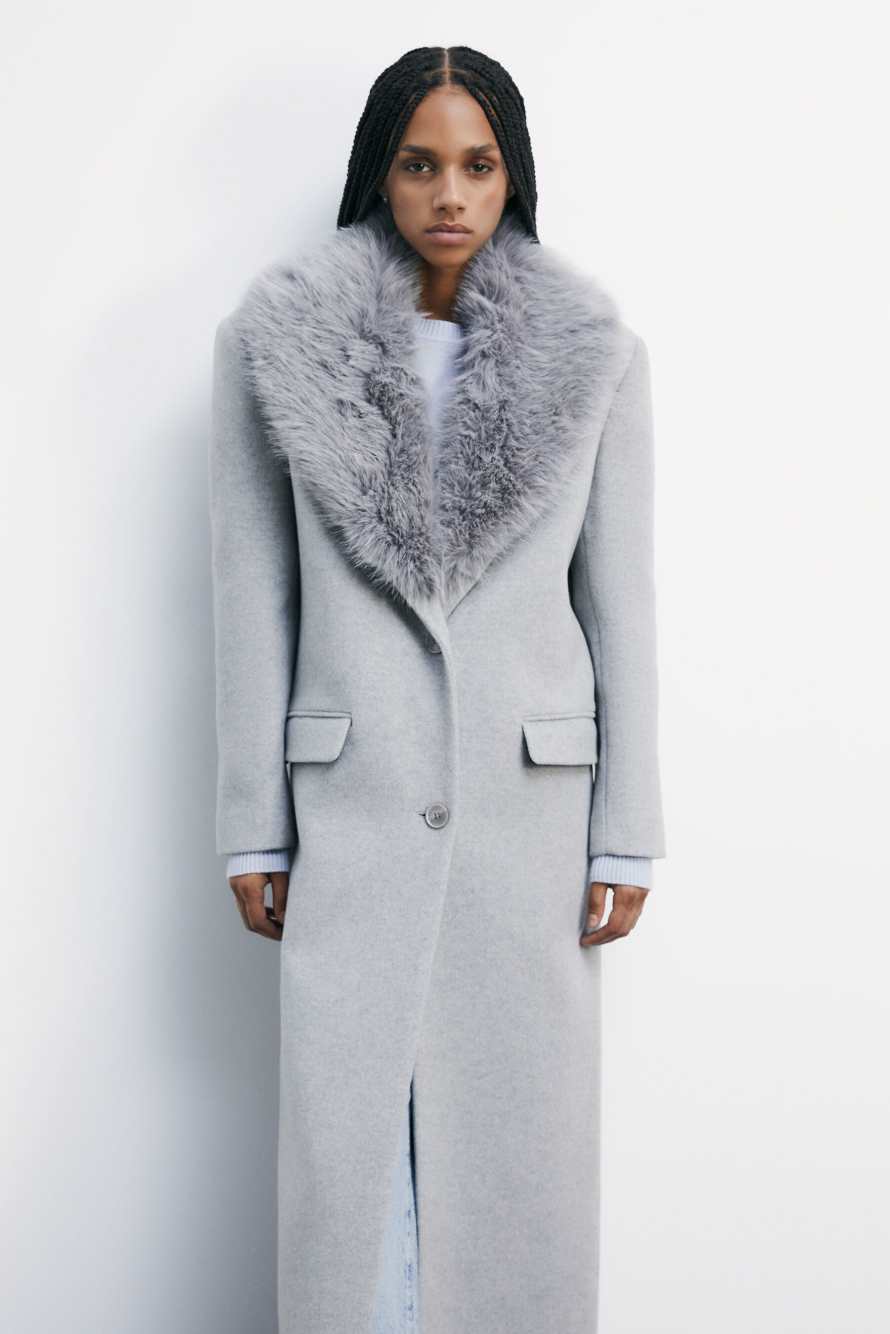 Длинное пальто с ворсистым воротником, Серый, Patrizia Pepe