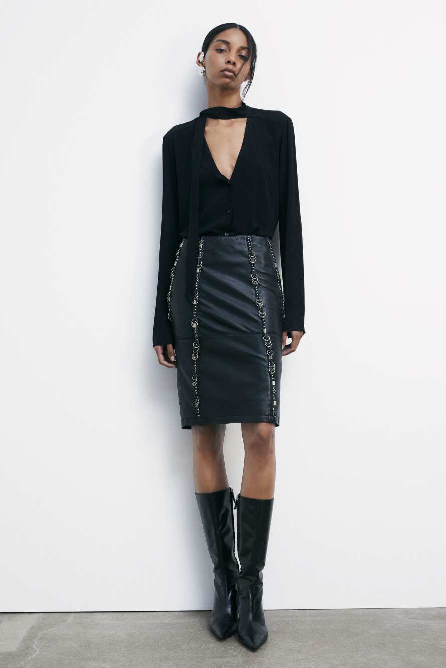 Midi leather skirt with piercings, Black, Patrizia Pepe