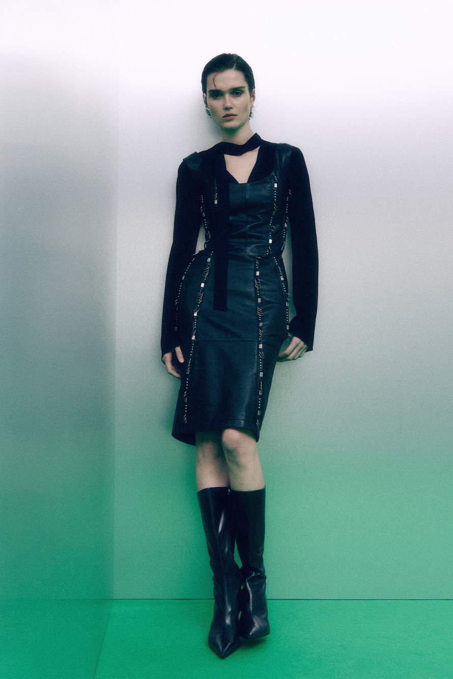 Midi leather skirt with piercings, Black, Patrizia Pepe