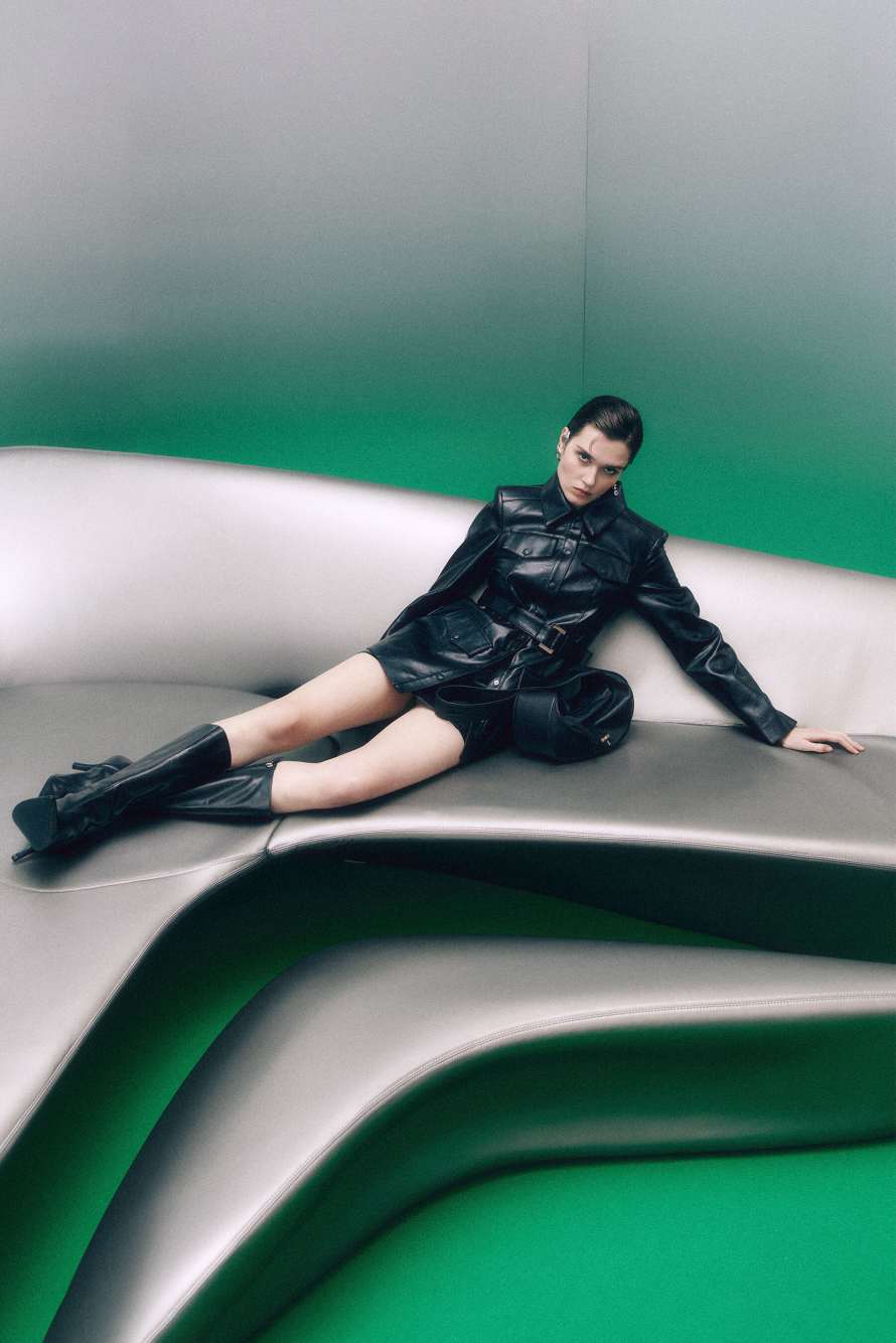 Jacket with belt in coated fabric, Black, Patrizia Pepe