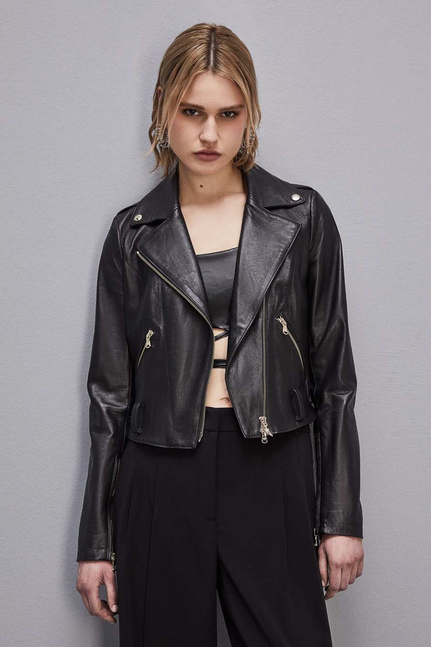 Куртка-косуха из кожи, Черный, Patrizia Pepe