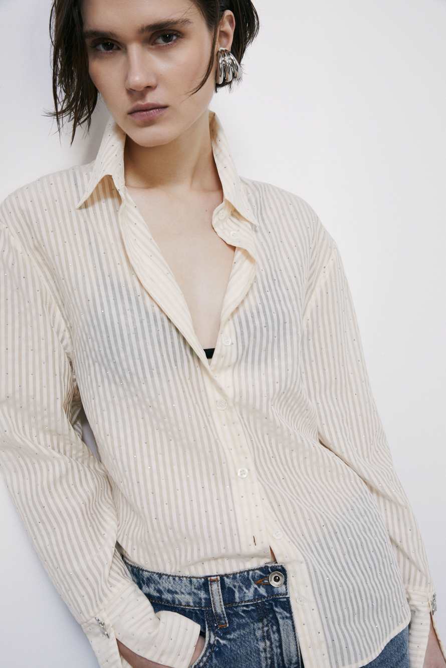 Striped fluid shirt with studs, Ivory, Patrizia Pepe
