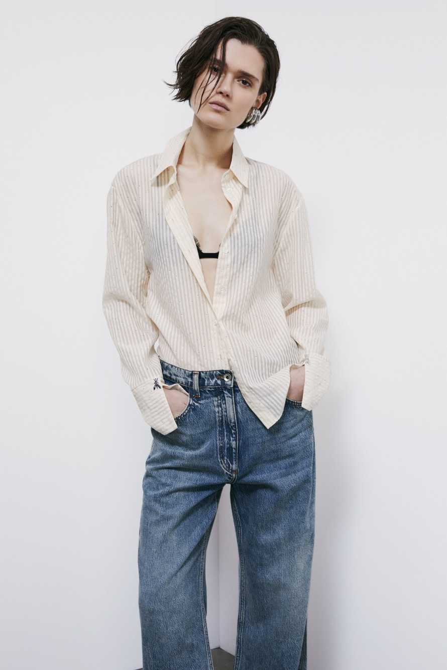 Striped fluid shirt with studs, Ivory, Patrizia Pepe