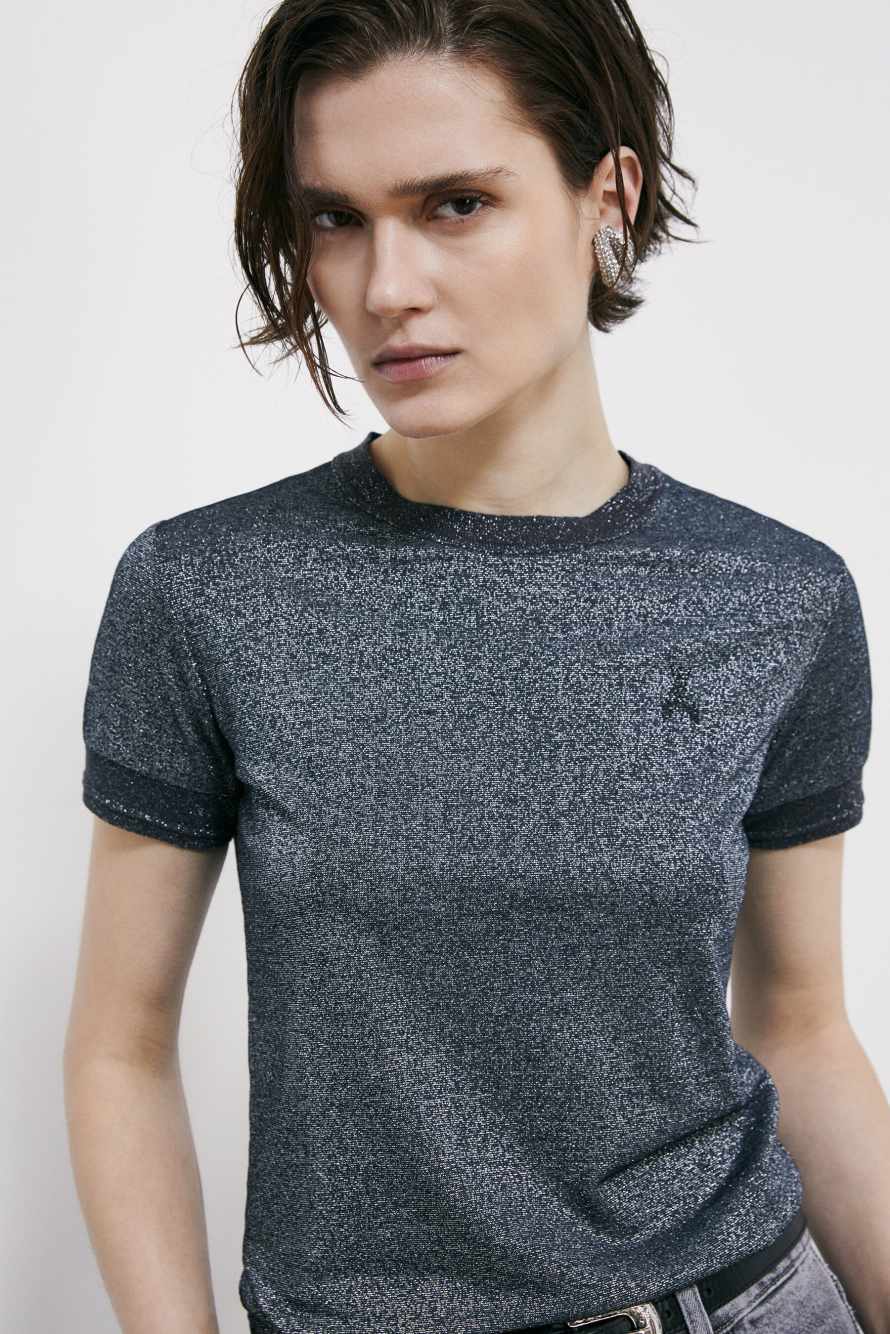 Knit T-Shirt with strass logo detail, Grey, Patrizia Pepe