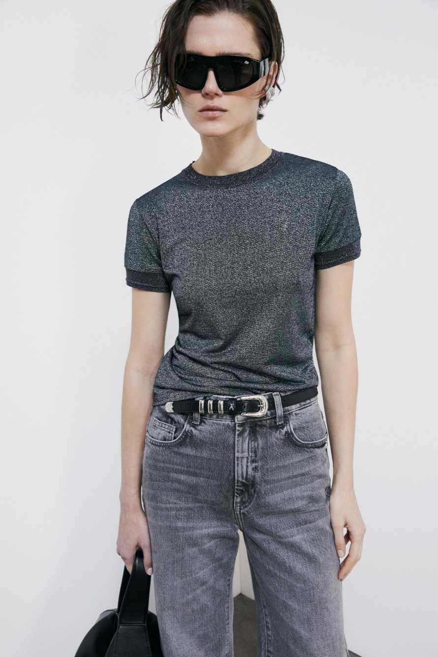 Knit T-Shirt with strass logo detail, Grey, Patrizia Pepe