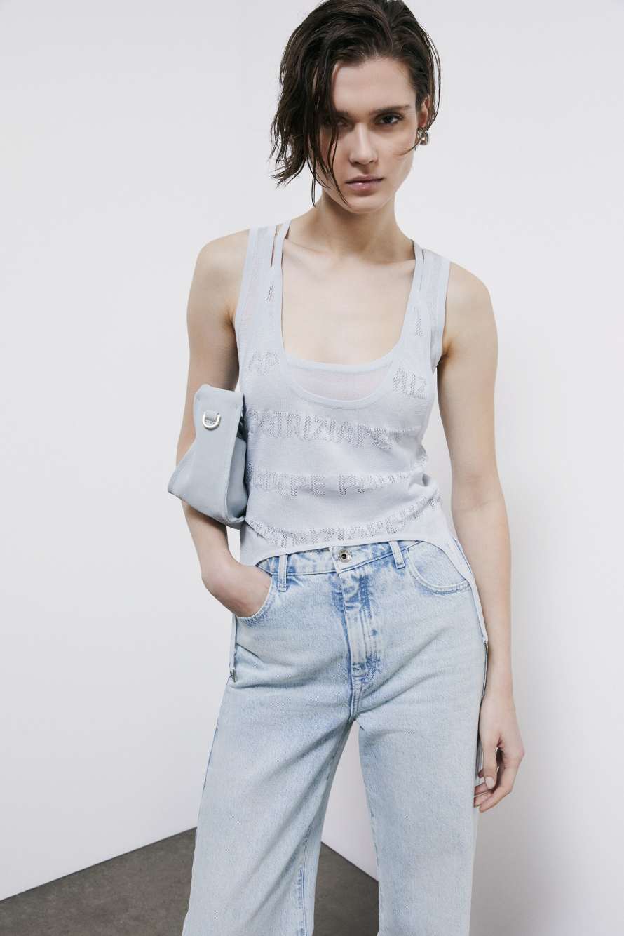 Top in maglia con logo traforato, Azzurro, Patrizia Pepe