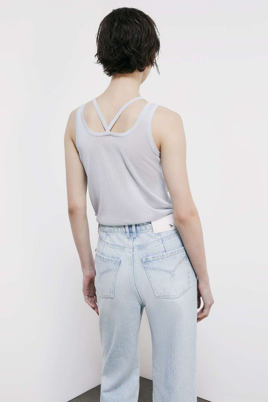 Top in maglia con logo traforato, Azzurro, Patrizia Pepe