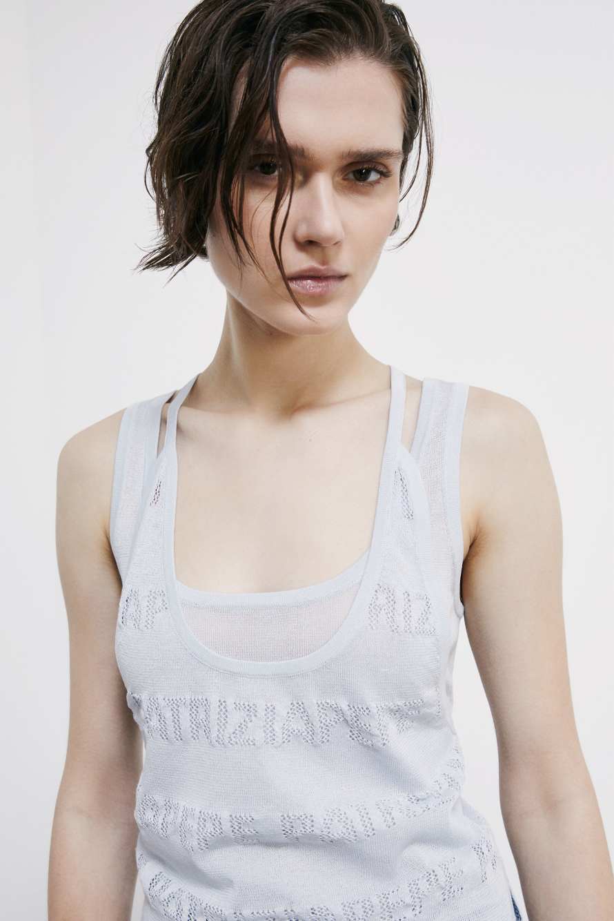 Top in maglia con logo traforato, Azzurro, Patrizia Pepe