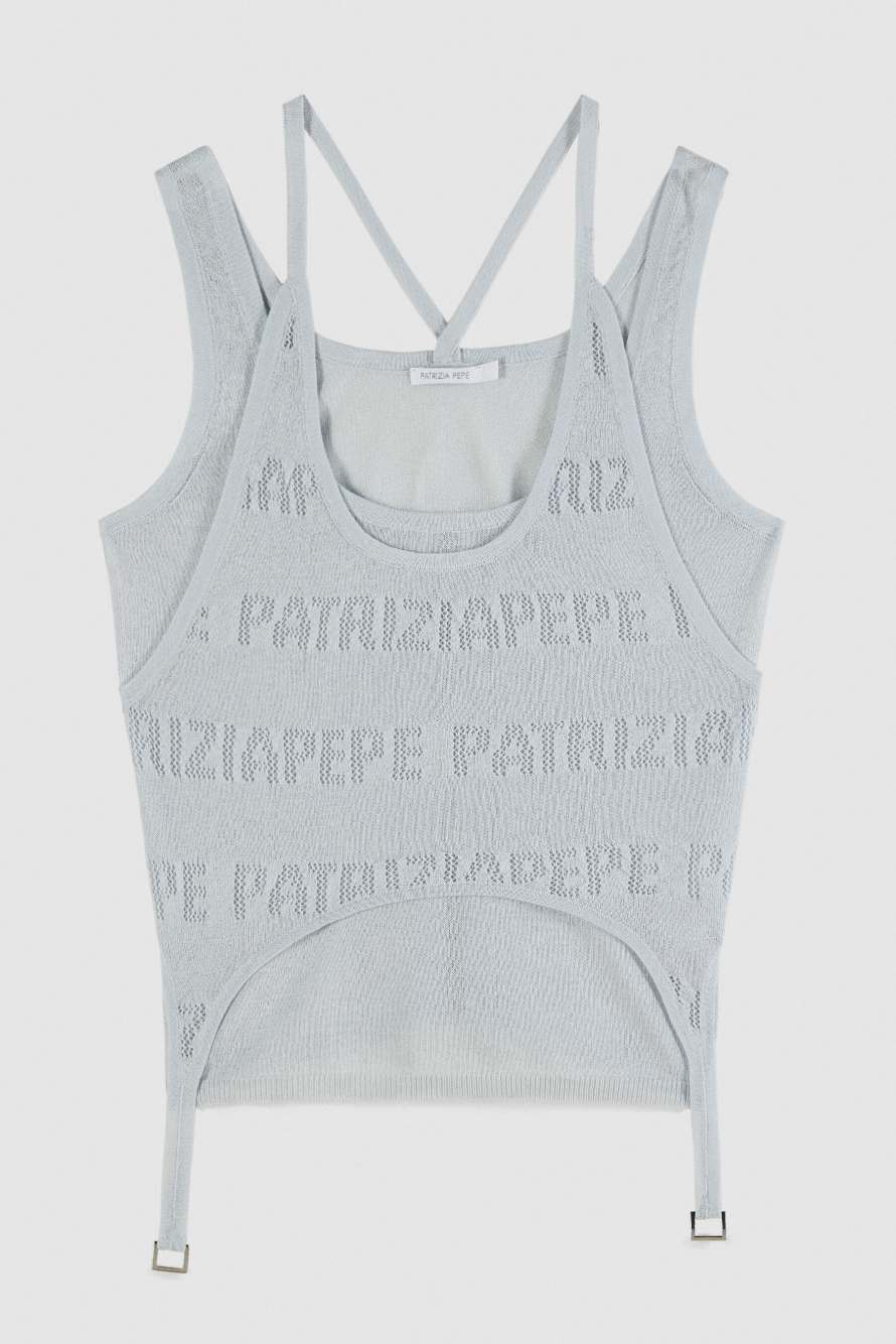 Top in maglia con logo traforato, Azzurro, Patrizia Pepe