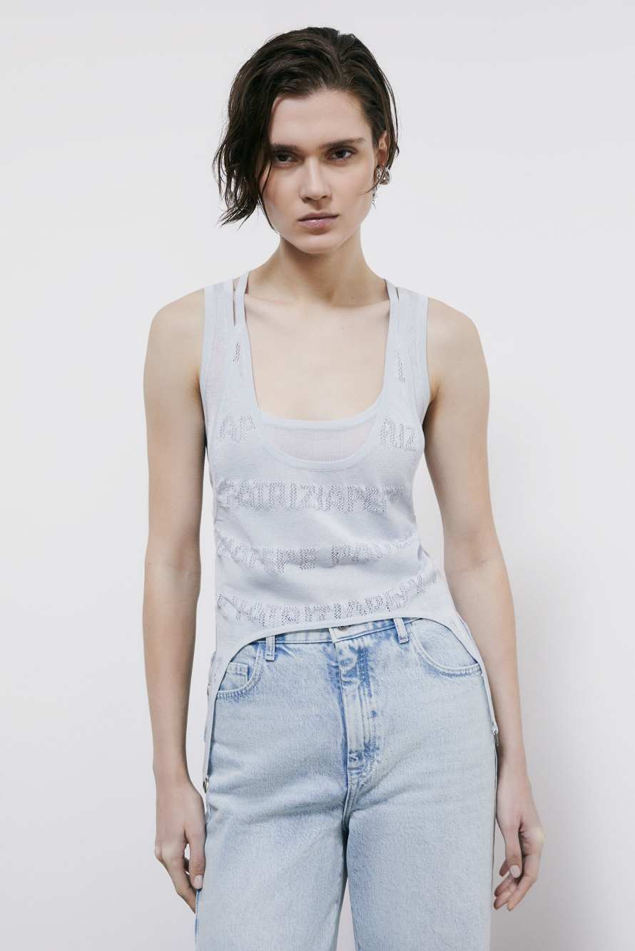 Top in maglia con logo traforato, Azzurro, Patrizia Pepe