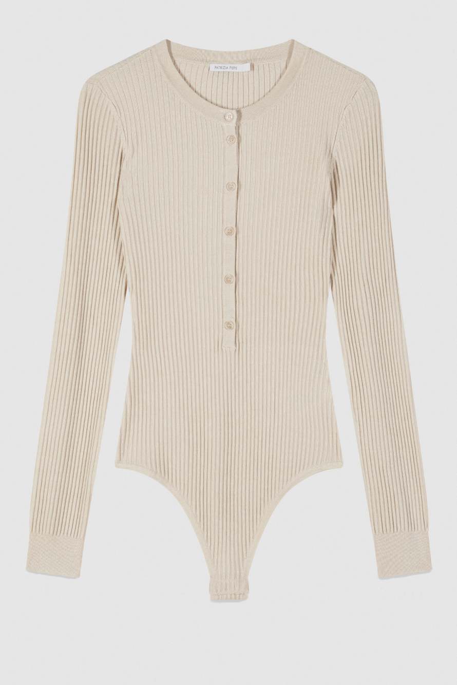 Ribbed bodysuit with buttons, White, Patrizia Pepe