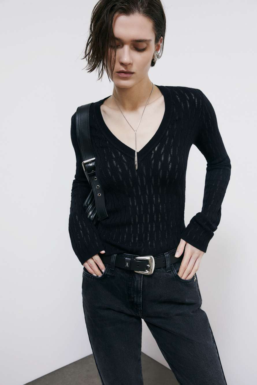 Jacquard V-neck wool sweater, Black, Patrizia Pepe