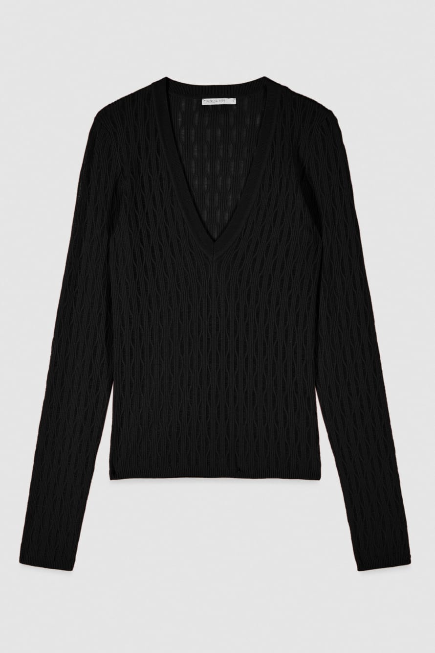 Jacquard V-neck wool sweater, Black, Patrizia Pepe