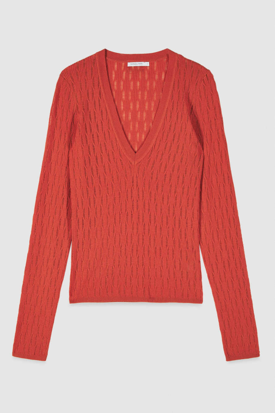 Jacquard V-neck wool sweater, Orange, Patrizia Pepe