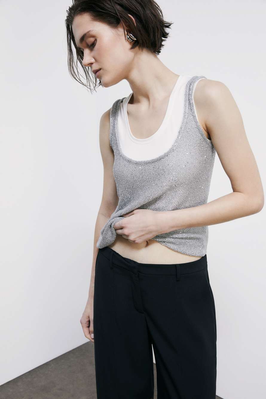 Tank-Top aus Rippstrick mit Pailletten, Silber, Patrizia Pepe