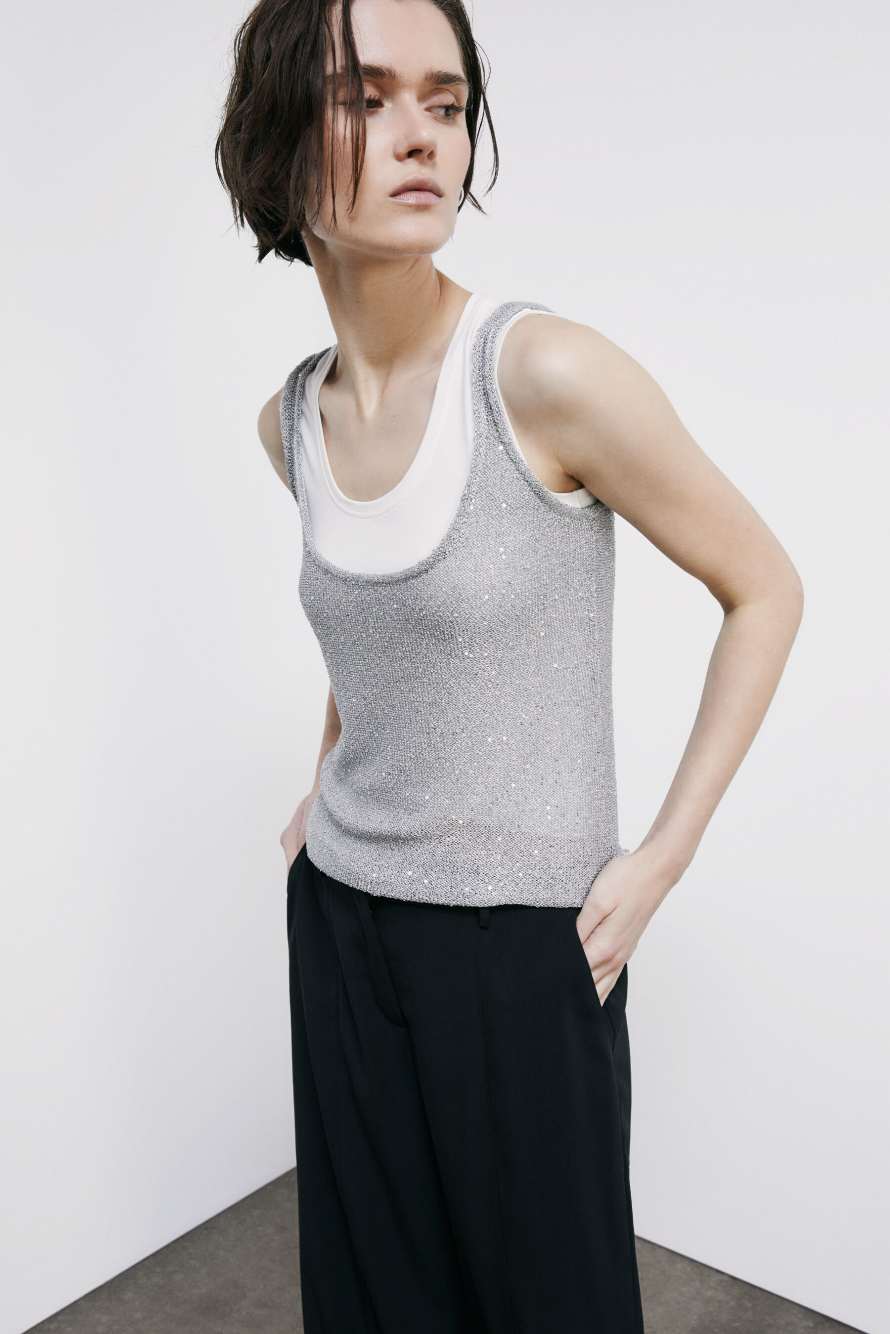 Tank-Top aus Rippstrick mit Pailletten, Silber, Patrizia Pepe