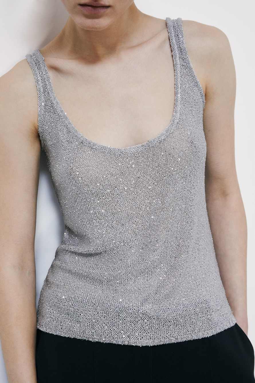 Tank-Top aus Rippstrick mit Pailletten, Silber, Patrizia Pepe